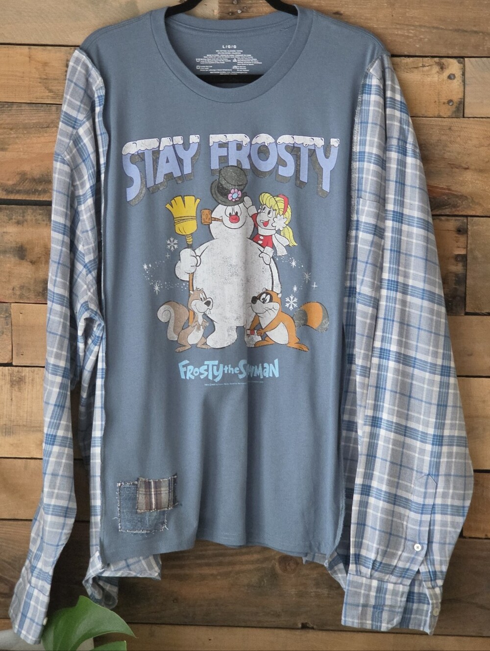Upcycled Stay Frosty Graphic T-shirt with Plaid Sleeves - Picture 1 of 10